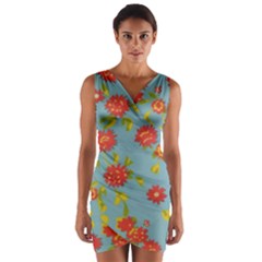 Mid Century Retro Floral 1970s 1960s Pattern 78 Wrap Front Bodycon Dress by violetheavensky