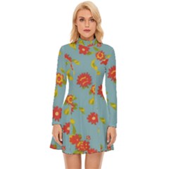 Mid Century Retro Floral 1970s 1960s Pattern 78 Long Sleeve Velour Longline Dress by violetheavensky