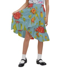Mid Century Retro Floral 1970s 1960s Pattern 78 Kids  Ruffle Flared Wrap Midi Skirt by violetheavensky