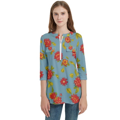 Mid Century Retro Floral 1970s 1960s Pattern 78 Women s Zip Front V-neck 3/4 Sleeve Casual Top Pocket Shirt by violetheavensky
