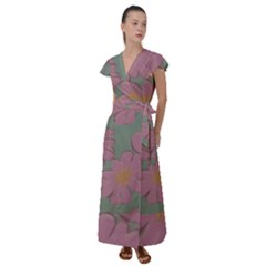 Mid Century Retro Floral 1970s 1960s Pattern 80 Flutter Sleeve Maxi Dress by violetheavensky