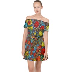 Mid Century Retro Floral 1970s 1960s Pattern 56 Off Shoulder Chiffon Dress by violetheavensky