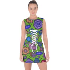 Mid Century Retro Floral 1970s 1960s Pattern 59 Lace Up Front Bodycon Dress by violetheavensky