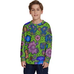Mid Century Retro Floral 1970s 1960s Pattern 59 Kids  Crewneck Sweatshirt by violetheavensky