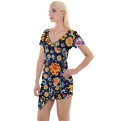 Mid Century Retro Floral 1970s 1960s Pattern 57 Short Sleeve Asymmetric Mini Dress by violetheavensky