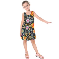 Mid Century Retro Floral 1970s 1960s Pattern 57 Kids  Sleeveless Dress by violetheavensky
