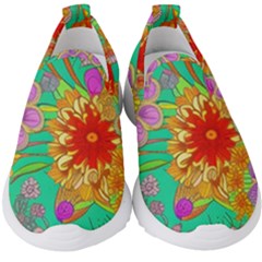 Mid Century Retro Floral 1970s 1960s Pattern 58 Kids  Slip On Sneakers by violetheavensky