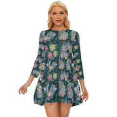 Mid Century Retro Floral 1970s 1960s Pattern 62 Long Sleeve Babydoll Dress by violetheavensky
