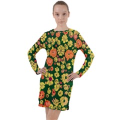 Mid Century Retro Floral 1970s 1960s Pattern 68 Long Sleeve Hoodie Dress by violetheavensky