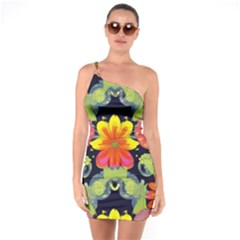 Mid Century Retro Floral 1970s 1960s Pattern 54 One Shoulder Ring Trim Bodycon Dress by violetheavensky