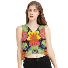 Mid Century Retro Floral 1970s 1960s Pattern 54 V-neck Cropped Tank Top by violetheavensky