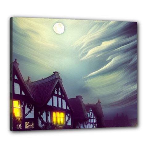 Village Moon Cloudy Historical Tudor Architecture Houses Town Night Windows City Canvas 24  X 20  (stretched) by Posterlux