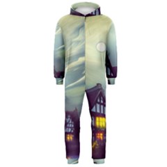 Village Moon Cloudy Historical Tudor Architecture Houses Town Night Windows City Hooded Jumpsuit (men) by Posterlux