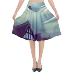 Village Moon Cloudy Historical Tudor Architecture Houses Town Night Windows City Flared Midi Skirt by Posterlux