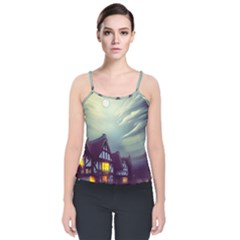 Village Moon Cloudy Historical Tudor Architecture Houses Town Night Windows City Velvet Spaghetti Strap Top by Posterlux