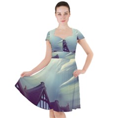 Village Moon Cloudy Historical Tudor Architecture Houses Town Night Windows City Cap Sleeve Midi Dress With Pockets by Posterlux