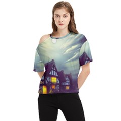Village Moon Cloudy Historical Tudor Architecture Houses Town Night Windows City One Shoulder Cut Out T-shirt by Posterlux
