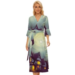 Village Moon Cloudy Historical Tudor Architecture Houses Town Night Windows City Midsummer Wrap Dress by Posterlux