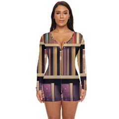 Books Bookshelves Office Fantasy Background Artwork Book Cover Apothecary Book Nook Literature Libra Long Sleeve Boyleg Swimsuit by Posterlux