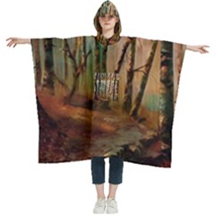 Woodland Woods Forest Trees Nature Outdoors Mist Moon Background Artwork Book Women s Hooded Rain Ponchos by Posterlux