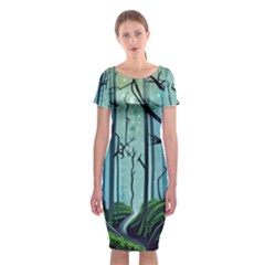 Nature Outdoors Night Trees Scene Forest Woods Light Moonlight Wilderness Stars Classic Short Sleeve Midi Dress by Posterlux