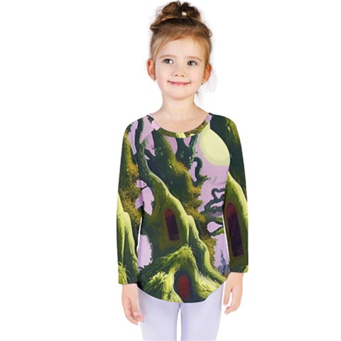 Outdoors Night Full Moon Setting Scene Woods Light Moonlight Nature Wilderness Landscape Kids  Long Sleeve T-shirt by Posterlux