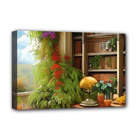 Room Interior Library Books Bookshelves Reading Literature Study Fiction Old Manor Book Nook Reading Deluxe Canvas 18  X 12  (stretched) by Posterlux