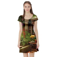 Room Interior Library Books Bookshelves Reading Literature Study Fiction Old Manor Book Nook Reading Short Sleeve Skater Dress by Posterlux