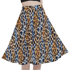 Blue Brown Leopard A-line Full Circle Midi Skirt With Pocket by DinkovaArt
