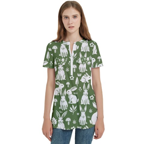 Easter Bunny Pattern Women s Zip Front V-neck Short Sleeve Casual Top Pocket Shirt by Valentinaart