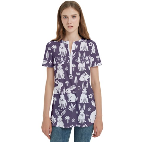 Easter Bunny Pattern Women s Zip Front V-neck Short Sleeve Casual Top Pocket Shirt by Valentinaart