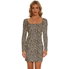 Brown Beige Snake Pattern Long Sleeve Square Neck Bodycon Velvet Dress by DinkovaArt