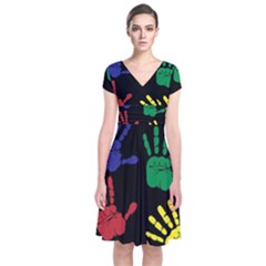 Handprints Hand Print Colourful Short Sleeve Front Wrap Dress by Anend