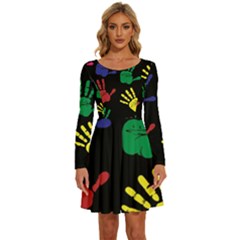 Handprints Hand Print Colourful Long Sleeve Wide Neck Velvet Dress by Anend
