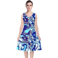 Trippy Dippy Bears Blue Dancing Greatful Dead Skull Steal Your Face V-neck Midi Sleeveless Dress  by Salmanaz77