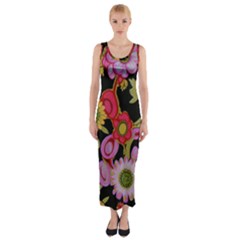 Mid Century Retro Floral 1970s 1960s Pattern 70 Fitted Maxi Dress by violetheavensky