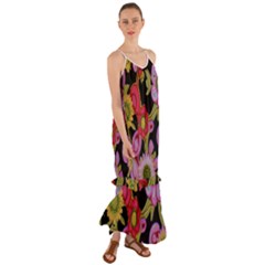 Mid Century Retro Floral 1970s 1960s Pattern 70 Cami Maxi Ruffle Chiffon Dress by violetheavensky