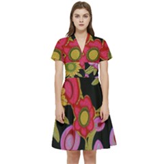 Mid Century Retro Floral 1970s 1960s Pattern 70 Short Sleeve Waist Detail Dress by violetheavensky