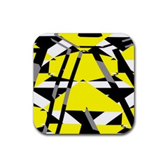 Yellow, Black And White Pieces Abstract Design Rubber Coaster (square) by LalyLauraFLM