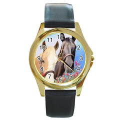 Miwok Horses Round Leather Watch (gold Rim)  by JulianneOsoske