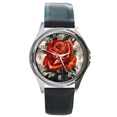 Red Rose Round Leather Watch (silver Rim) by ArtByThree