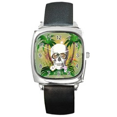 Funny Skull With Sunglasses And Palm Square Metal Watches by FantasyWorld7