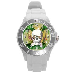 Funny Skull With Sunglasses And Palm Round Plastic Sport Watch (l) by FantasyWorld7