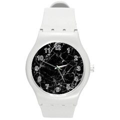 Black Marble Stone Pattern Round Plastic Sport Watch (m) by Dushan