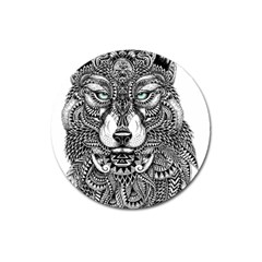 Intricate Elegant Wolf Head Illustration Magnet 3  (round) by Dushan