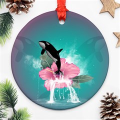 Orca Jumping Out Of A Flower With Waterfalls Ornament (round)  by FantasyWorld7