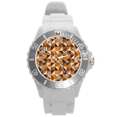 Brown Tiles Round Plastic Sport Watch (l) by FunkyPatterns