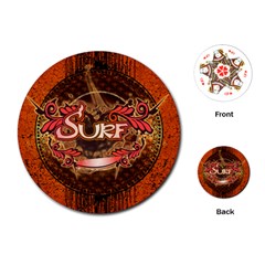 Surfing, Surfboard With Floral Elements  And Grunge In Red, Black Colors Playing Cards (round)  by FantasyWorld7