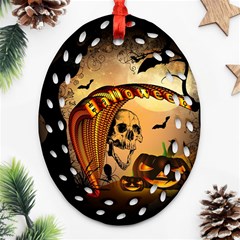 Halloween, Funny Pumpkin With Skull And Spider In The Night Ornament (oval Filigree)  by FantasyWorld7