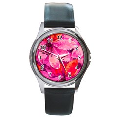 Geometric Magenta Garden Round Metal Watch by DanaeStudio